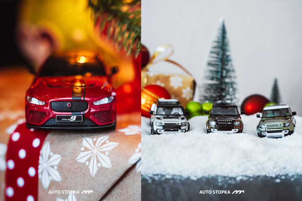 Jaguar- und Land-Rover-Modelle in einer Weihnachtsszene für Auto Stopka
