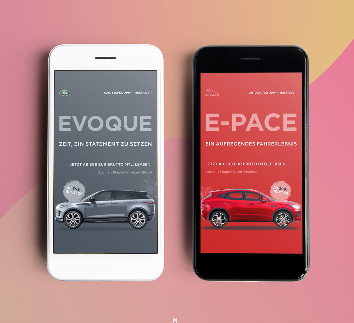 Range Rover Evoque and Jaguar E-Pace social media ads on smartphones