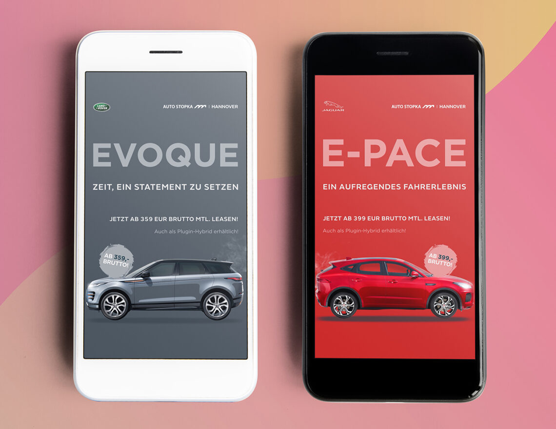 Range Rover Evoque and Jaguar E-Pace social media ads on smartphones