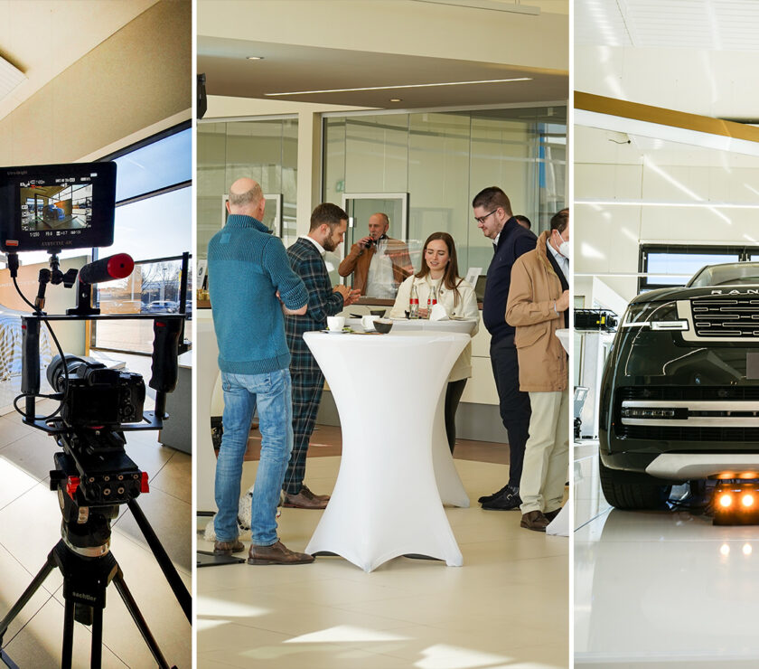 Camera setup and guests at the Range Rover preview event in Hanover