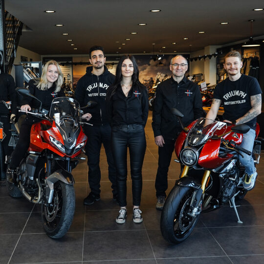 Triumph Münster team with motorcycles at the video shoot