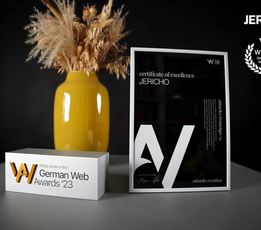 German Web Awards 2023 trophy and certificate of excellence for JERICHO