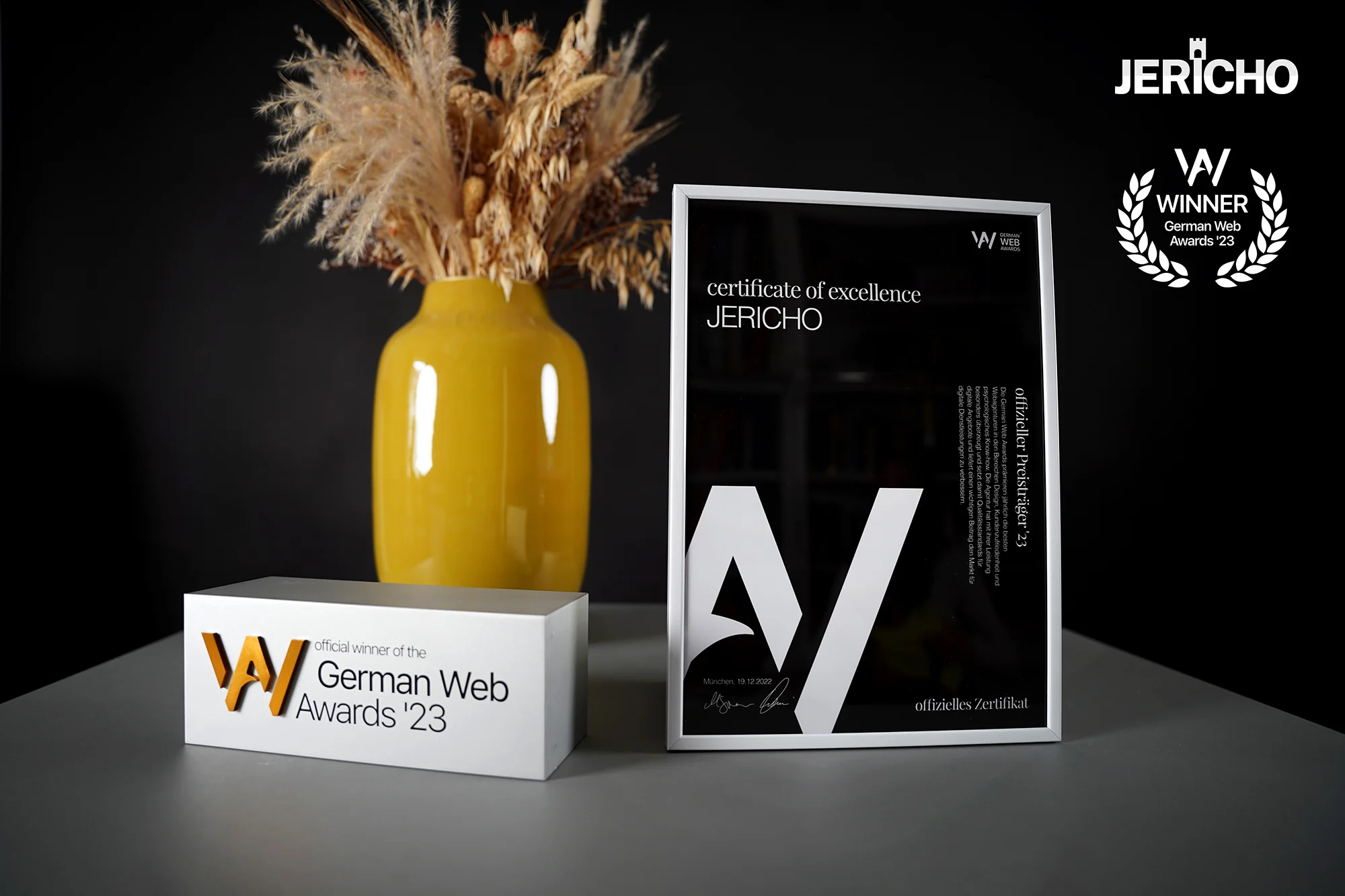 German Web Awards 2023 trophy and certificate of excellence for JERICHO
