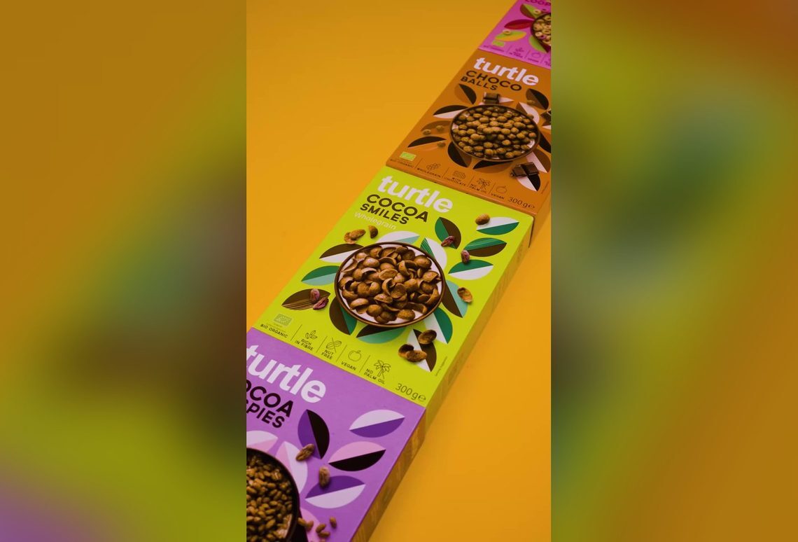 Colorful cereal packaging in a spec ad for Turtle